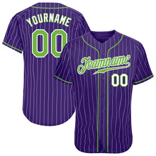 Load image into Gallery viewer, Custom Purple White Pinstripe Neon Green-White Authentic Baseball Jersey
