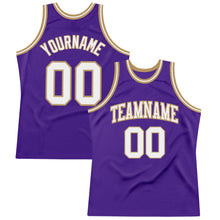 Load image into Gallery viewer, Custom Purple White-Old Gold Authentic Throwback Basketball Jersey
