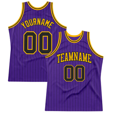 Custom Purple Black Pinstripe Black-Gold Authentic Basketball Jersey