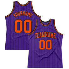 Load image into Gallery viewer, Custom Purple Black Pinstripe Orange Authentic Basketball Jersey
