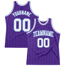 Load image into Gallery viewer, Custom Purple White Pinstripe White-Light Blue Authentic Basketball Jersey
