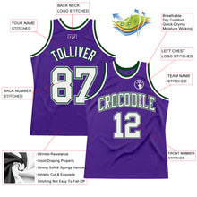 Load image into Gallery viewer, Custom Purple White Green-Gray Authentic Throwback Basketball Jersey
