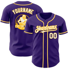 Load image into Gallery viewer, Custom Purple White-Gold Authentic Baseball Jersey
