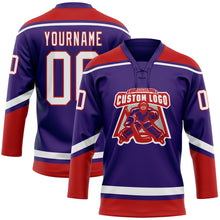 Load image into Gallery viewer, Custom Purple White-Red Hockey Lace Neck Jersey
