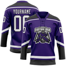 Load image into Gallery viewer, Custom Purple White-Black Hockey Lace Neck Jersey
