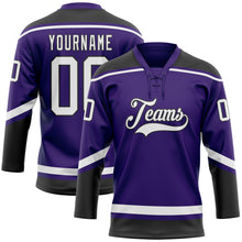 Load image into Gallery viewer, Custom Purple White-Black Hockey Lace Neck Jersey
