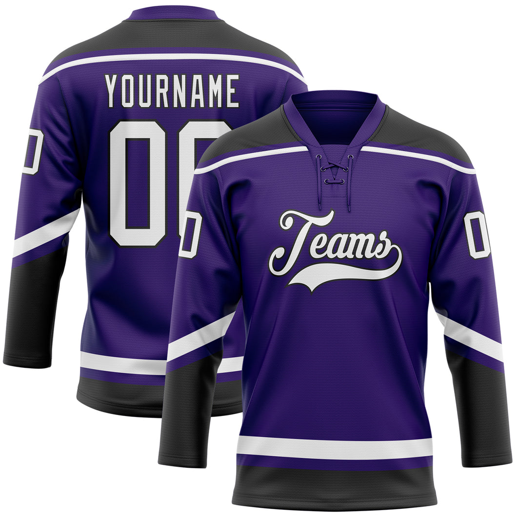 Custom Purple White-Black Hockey Lace Neck Jersey