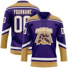 Load image into Gallery viewer, Custom Purple White-Old Gold Hockey Lace Neck Jersey
