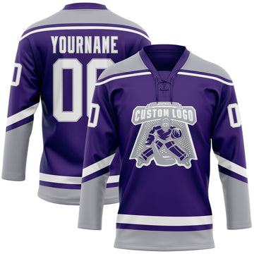 Custom Purple White-Gray Hockey Lace Neck Jersey