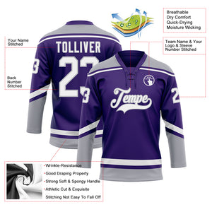 Custom Purple White-Gray Hockey Lace Neck Jersey