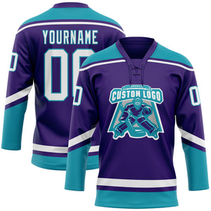 Custom Purple White-Teal Hockey Lace Neck Jersey