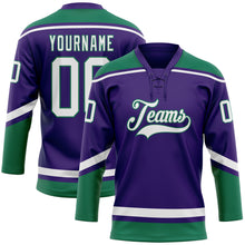 Load image into Gallery viewer, Custom Purple White-Kelly Green Hockey Lace Neck Jersey
