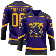 Load image into Gallery viewer, Custom Purple Gold-Black Hockey Lace Neck Jersey
