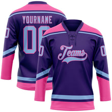 Load image into Gallery viewer, Custom Purple Light Blue-Pink Hockey Lace Neck Jersey
