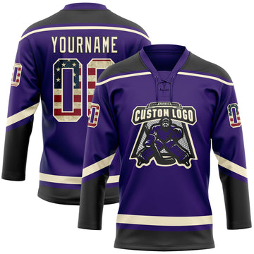 Custom Purple Vintage USA Flag Cream-Black Hockey Lace Neck Jersey