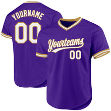 Load image into Gallery viewer, Custom Purple White-Old Gold Authentic Throwback Baseball Jersey
