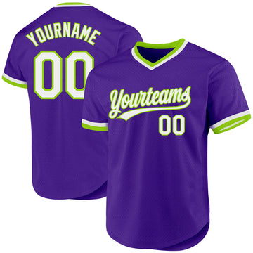 Custom Purple White-Neon Green Authentic Throwback Baseball Jersey