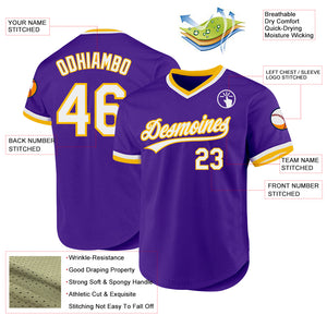 Custom Purple White-Gold Authentic Throwback Baseball Jersey