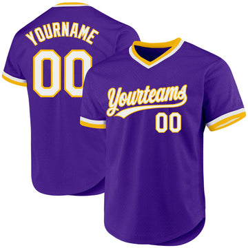 Custom Purple White-Gold Authentic Throwback Baseball Jersey