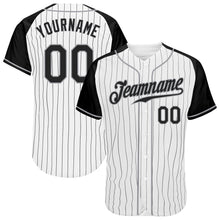Load image into Gallery viewer, Custom White Black Pinstripe Black-Gray Authentic Raglan Sleeves Baseball Jersey
