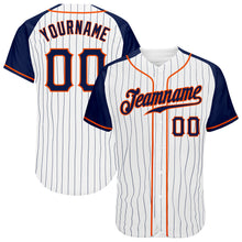 Load image into Gallery viewer, Custom White Navy Pinstripe Navy-Orange Authentic Raglan Sleeves Baseball Jersey
