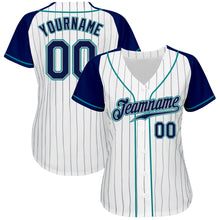 Load image into Gallery viewer, Custom White Navy Pinstripe Navy-Teal Authentic Raglan Sleeves Baseball Jersey

