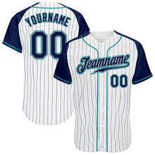 Load image into Gallery viewer, Custom White Navy Pinstripe Navy-Teal Authentic Raglan Sleeves Baseball Jersey
