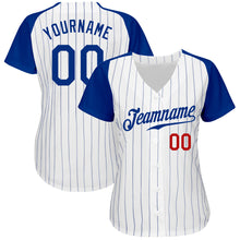 Load image into Gallery viewer, Custom White Royal Pinstripe Royal-Red Authentic Raglan Sleeves Baseball Jersey

