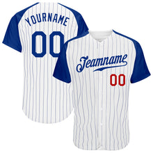 Load image into Gallery viewer, Custom White Royal Pinstripe Royal-Red Authentic Raglan Sleeves Baseball Jersey
