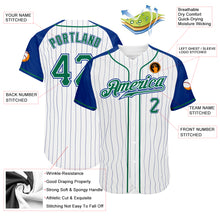 Load image into Gallery viewer, Custom White Royal Pinstripe Kelly Green-Royal Authentic Raglan Sleeves Baseball Jersey
