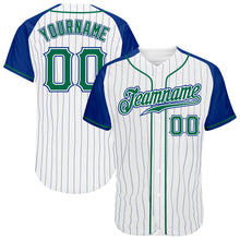 Load image into Gallery viewer, Custom White Royal Pinstripe Kelly Green-Royal Authentic Raglan Sleeves Baseball Jersey
