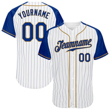 Load image into Gallery viewer, Custom White Royal Pinstripe Royal-Old Gold Authentic Raglan Sleeves Baseball Jersey
