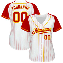 Load image into Gallery viewer, Custom White Red Pinstripe Red-Gold Authentic Raglan Sleeves Baseball Jersey
