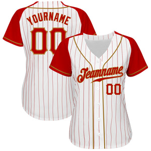 Custom White Red Pinstripe Red-Old Gold Authentic Raglan Sleeves Baseball Jersey