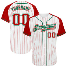 Load image into Gallery viewer, Custom White Red Pinstripe Red-Kelly Green Authentic Raglan Sleeves Baseball Jersey
