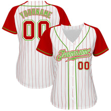 Load image into Gallery viewer, Custom White Red Pinstripe Red-Neon Green Authentic Raglan Sleeves Baseball Jersey
