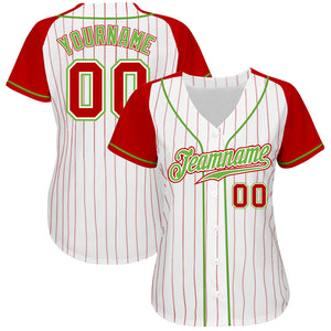 Custom White Red Pinstripe Red-Neon Green Authentic Raglan Sleeves Baseball Jersey