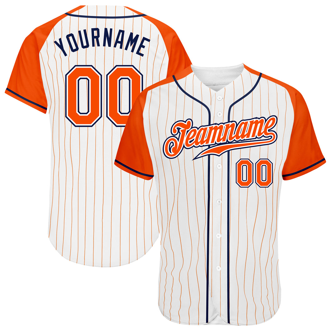 Custom White Orange Pinstripe Orange-Navy Authentic Raglan Sleeves Baseball Jersey