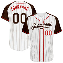 Load image into Gallery viewer, Custom White Brown Pinstripe Brown-Red Authentic Raglan Sleeves Baseball Jersey
