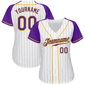 Custom White Purple Pinstripe Purple-Gold Authentic Raglan Sleeves Baseball Jersey