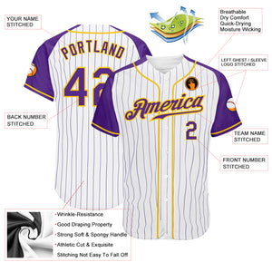 Custom White Purple Pinstripe Purple-Gold Authentic Raglan Sleeves Baseball Jersey