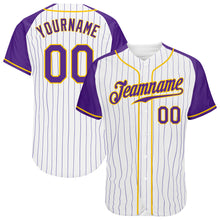 Load image into Gallery viewer, Custom White Purple Pinstripe Purple-Gold Authentic Raglan Sleeves Baseball Jersey
