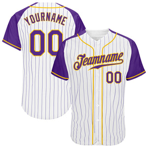 Custom White Purple Pinstripe Purple-Gold Authentic Raglan Sleeves Baseball Jersey