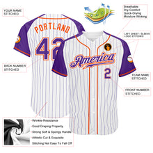 Load image into Gallery viewer, Custom White Purple Pinstripe Purple-Orange Authentic Raglan Sleeves Baseball Jersey
