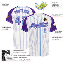Load image into Gallery viewer, Custom White Purple Pinstripe Light Blue-Purple Authentic Raglan Sleeves Baseball Jersey
