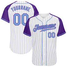 Load image into Gallery viewer, Custom White Purple Pinstripe Light Blue-Purple Authentic Raglan Sleeves Baseball Jersey
