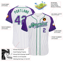 Load image into Gallery viewer, Custom White Purple Pinstripe Purple-Kelly Green Authentic Raglan Sleeves Baseball Jersey
