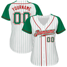 Load image into Gallery viewer, Custom White Kelly Green Pinstripe Kelly Green-Red Authentic Raglan Sleeves Baseball Jersey

