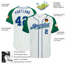 Load image into Gallery viewer, Custom White Kelly Green Pinstripe Royal-Kelly Green Authentic Raglan Sleeves Baseball Jersey
