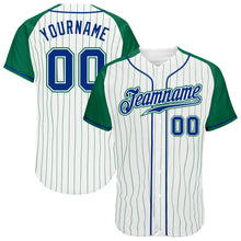 Load image into Gallery viewer, Custom White Kelly Green Pinstripe Royal-Kelly Green Authentic Raglan Sleeves Baseball Jersey
